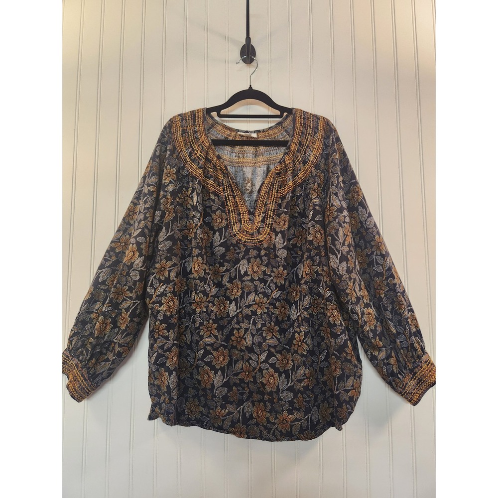 Pure Jill Floral Print Tunic Blouse Navy Gold Split Neck Large Petite Flowy